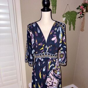 Vintage Early 2000’s BCBG Max Azaria Abstract Print Midi Dress Boho Sleeves